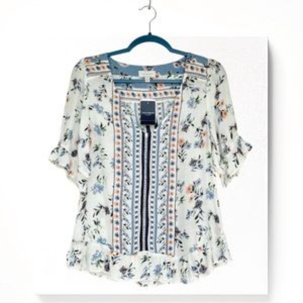 Lucky Brand Boho Blouse Ruffle Border Print V-Neck Floral Print Crochet Details